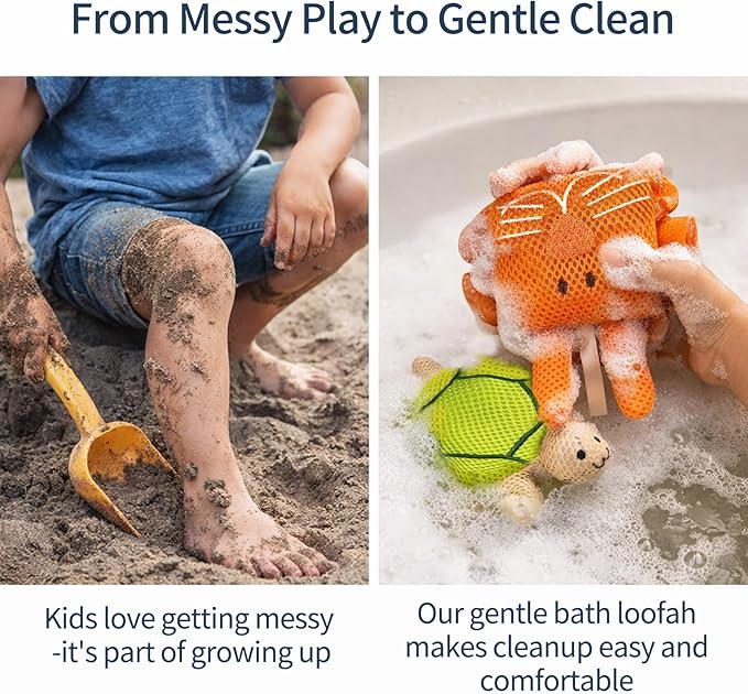 Kids Bath Sponge,Soft Mesh Shower Pouf for Kids,Cute Turtle&Bunny Bath Loofah Gentle Fun Bath Accessories for Boys and Girls