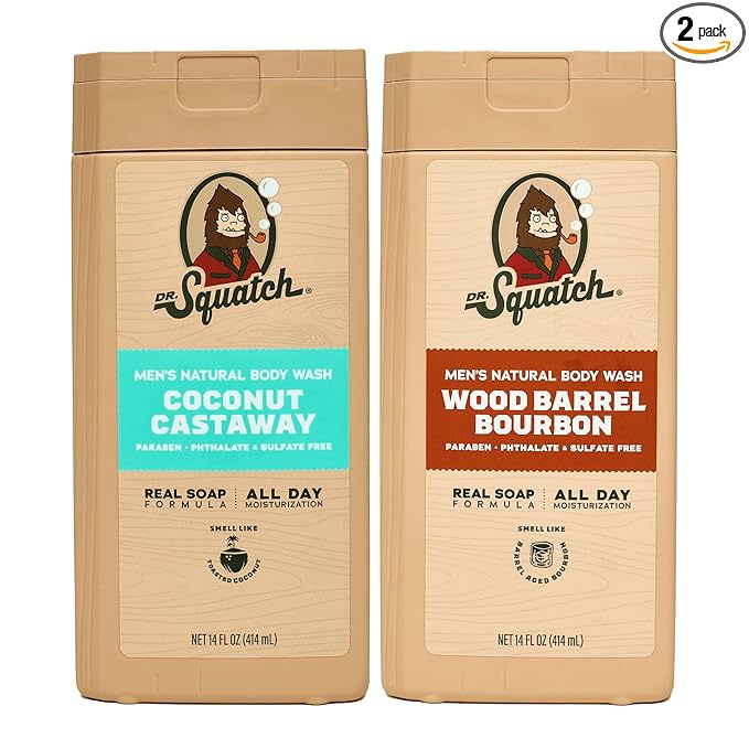 Dr. Squatch Natural Men's Body Wash Shower Gel - Cleansing, Nourishing, Long Lasting Scent, Moisturizing Body Wash for Men - Coconut Castaway + Wood Barrel Bourbon (14 oz, 2-Pack)
