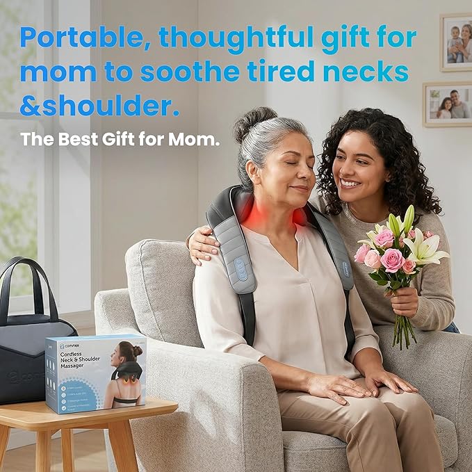 COMFIER Mothers Day Gifts for Mom Dad, 4D Neck and Shoulder Massager with Heat, Cordless Shiatsu Back and Neck Massager for Pain Relief, Hands-Free Massage Pillow with Carry Bag