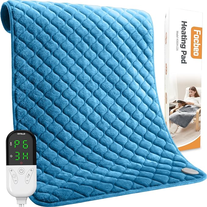 King Size Electric Heating Pad for Back Pain 32"x24" Extra Large Heating Pad for Period Cramps Relief & Body Neck Shoulder Auto Shut Off Heat Pad Temperature Settings Machine Washable Blue