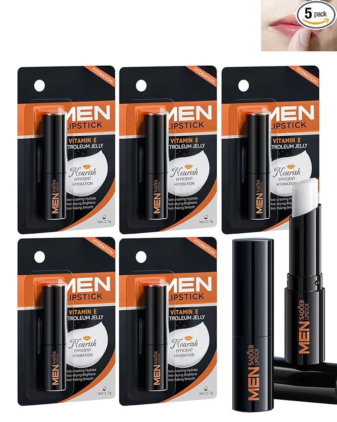 Lip Balm for Men-5pcs Vitamin E Hydrating Mens lipstick, Moisturizing and Soothing Lip Care Moisturizer, Colorless Non-Sticky Lip Balm,Father's Day Lip Care Gift Kit for Men Boy Him