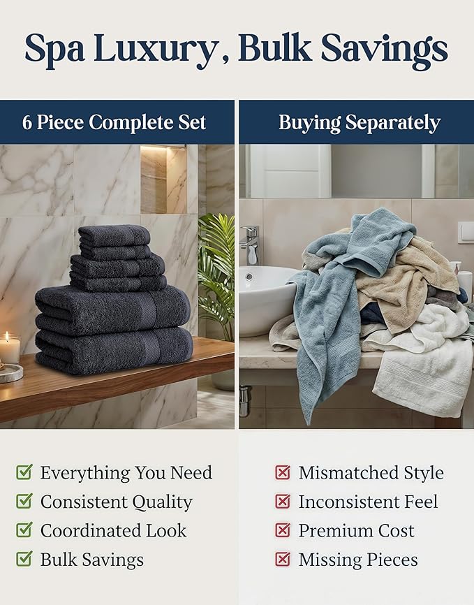 LANE LINEN 100% Cotton Towel Set for Bathroom - 6 Piece - Super Soft, Hotel Quality - 2 Bath, 2 Wash cloths, 2 Hand Towels for Bathroom - Classic, Gentle on Skin, Ideal for Spa & Daily Use - Black