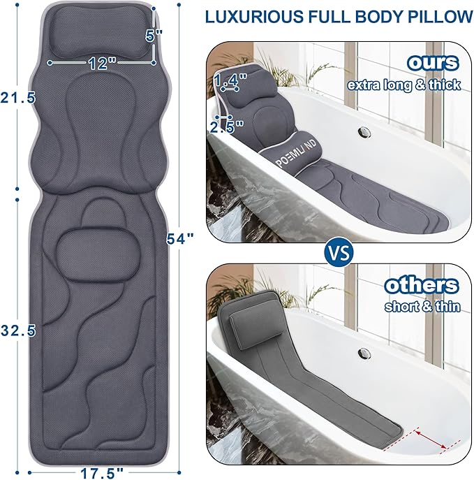 Poemland Full Body Bath Pillow for Tub - Extra Long & Thick Tub Pillow with Head, Back & Lumbar Support, 168 Non-Slip Suction Cups, Soft 5D Mesh Spa Cushion, Fits All Tubs-Gift for Soaking(Gray)