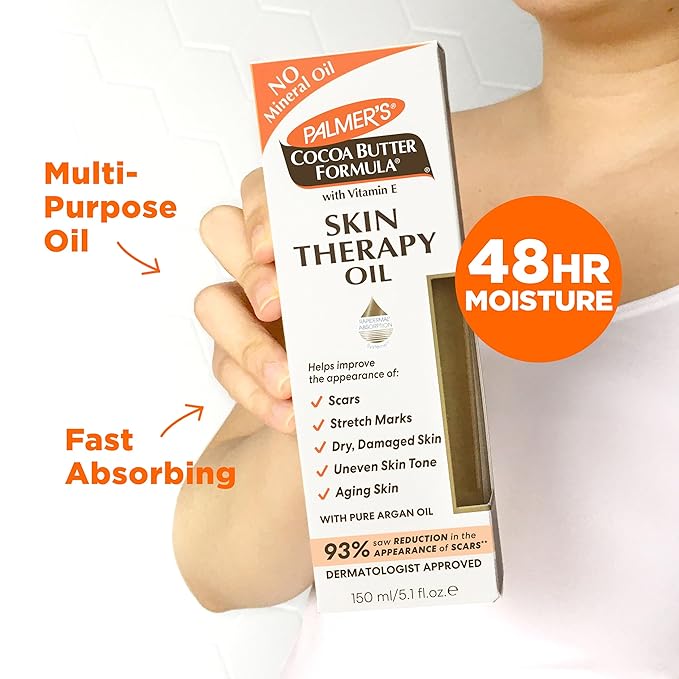 Palmer's Cocoa Butter Formula Skin Therapy Moisturizing Body Oil with Vitamin E & Pure Argan Oil, Deep Body Moisturizer for Dry, Damaged Skin, 5.1 Ounces