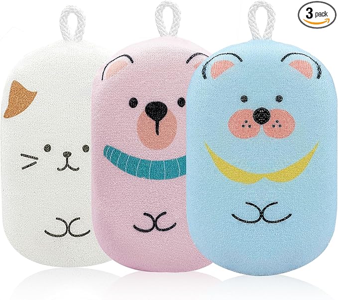 Baby and Kids Bath Loofah Sponge, Soft and Absorbent Toddler Exfoliating Body Scrubber Shower Loofa Sponge,Cute Pattern Design for Kids Baby Women Boys and Girl, 3 Pack (Bear/Dog/Cat)
