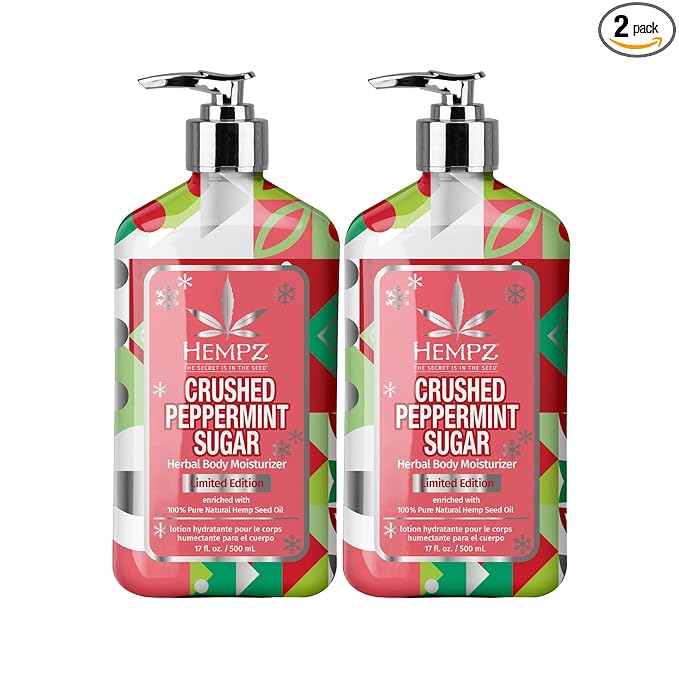 Hempz Crushed Peppermint Sugar Body Lotion, Moisturizer for men and women, Holiday Gifts, 17 oz (Pack of 2)
