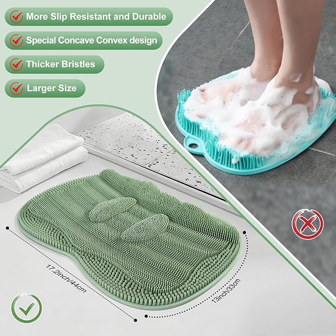Bath Shower Foot Scrubber Mat - Silicone Shower Foot Scrubber Mat (XL) Cleaner Foot Toes Clean Pad Without Bending Non-Slip Suction Cups Bathroom mat 17.2 * 13 inch - Green
