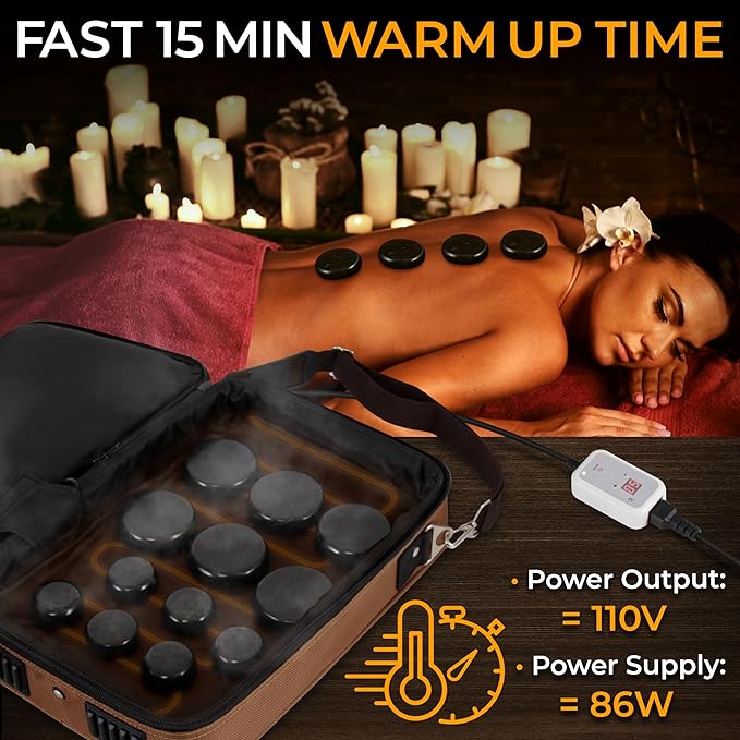 SereneLife Portable Massage Stone Warmer Set - Electric Spa Hot Stones Massager and Heater Kit with 6 Large and 6 Small Round Shaped Basalt Massaging Rocks, Digital Controller Heating Bag