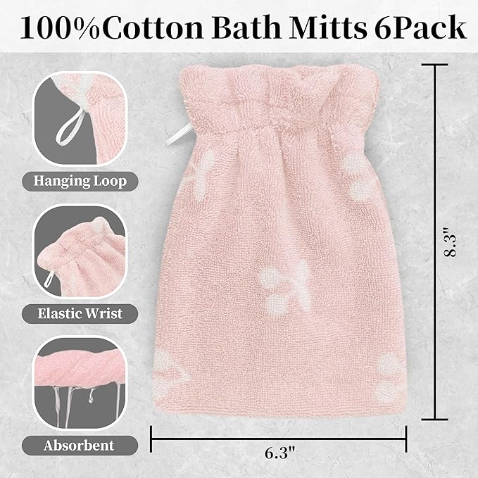 VOOVA & MOVAS Baby Wash Cloths 6-Pack, 100% Cotton Soft Absorbent Washcloths with Hanging Loop, 8.3x6.3 Inch European Style Bath Mitts for Toddler Shower, Pink Cherry