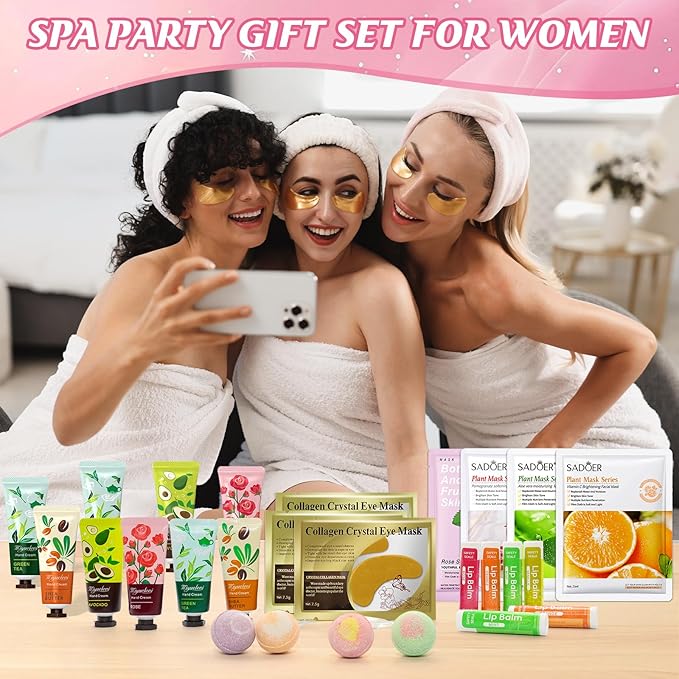 128 PCS Spa Party Supplies for Women, Spa Kit Include Lip Balm,Facial Masks, Hand Cream, Under Eye Patches, Foot Bath Bombs, Ideal for Gift Giving,Sleepover Party Supplies for Girls Valentine