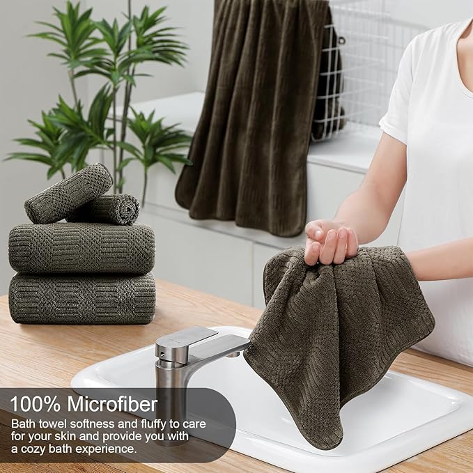 8 Piece Bath Towel Set-2 Oversized Bath Sheets(35"x70"),2 Hand Towels,4 Washcloths-Extra Large Microfiber Towel Sets,Less Lint Highly Absorbent & Quick Dry Bath Towels for Bathroom Gym Pool,Brown