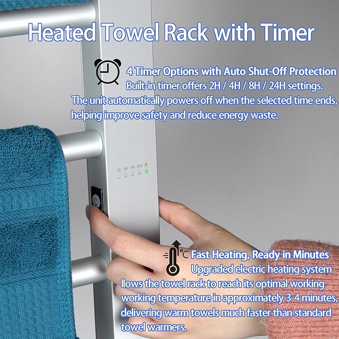 Heated Towel Rack with Timer, 8-Bar Electric Towel Warmer for Bathroom, Fast Heating Towel Dryer Freestanding or Wall Mount, Auto Shut-Off, Space-Saving Design