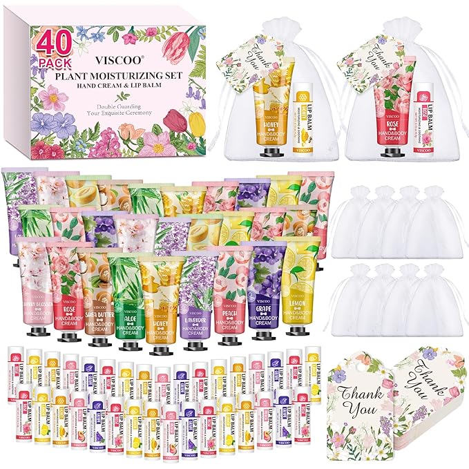 VISCOO 40 Sets Hand Cream and Lip Balm Bulk Set, Mothers Day Gifts, Teacher Appreciation Gifts, Nurses Week Gift, Wedding Favors for Guests with Thank You Card Organza Bags, Birthday Gift for Women