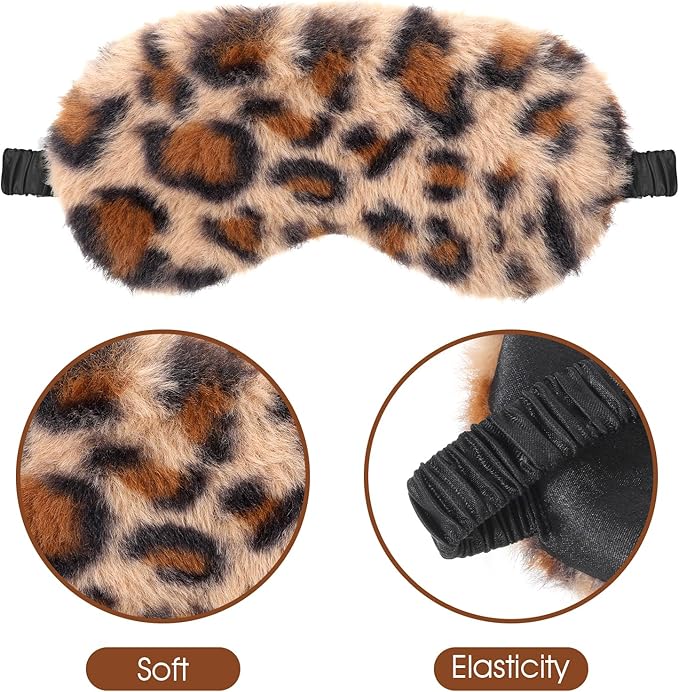 2 Pcs Plush Leopard Eye Mask Soft Sleeping Blindfold Eye Cover Comfortable Furry Faux Fur Sleeping Mask Satin Nap Night Eyeshade Cover for Women Men Gift (Brown, Coffee)