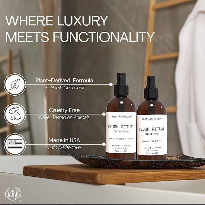Muse Apothecary Flush Ritual - Aromatic & Refreshing Toilet Spray, Use Before You Go, 2 oz, Infused with Natural Essential Oils - Coconut + Sandalwood, 2 Pack