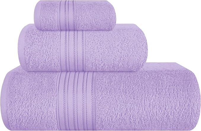 BOUTIQUO Ultra Soft 3 Pack Cotton Towel Set, Contains a Bath Towels 28x55 inch, a Hand Towels 16x24 inch & a Wash Coths 12x12 inch, Ideal Everyday use, Compact & Lightweight - Purple