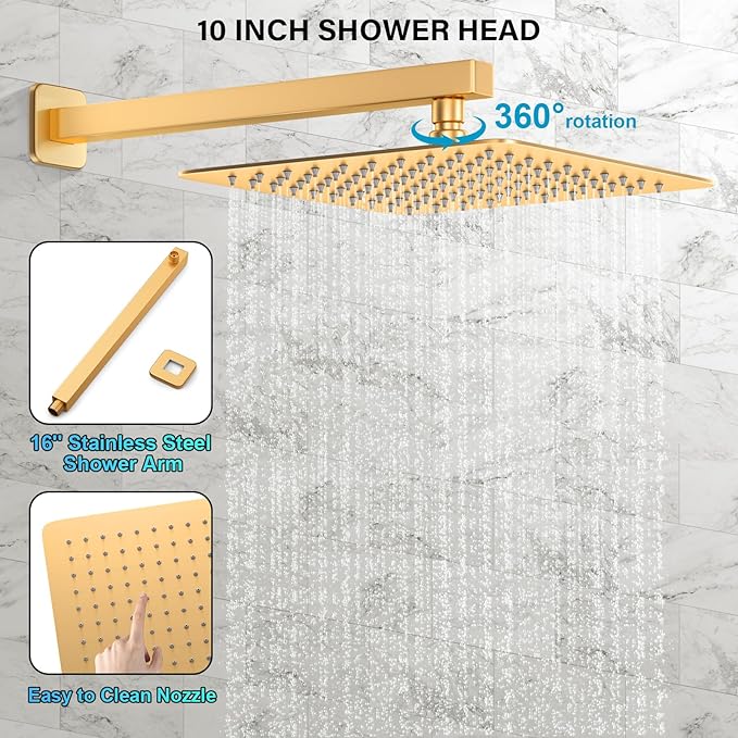 FPXRNG Gold Shower Faucet Set, Rainfall Shower System with Rain Shower Head and Handle Set, Wall Mounted Shower Fixtures, Full Metal Trim Repair Kit 10 inch Paint Gold (With Shower Valve)