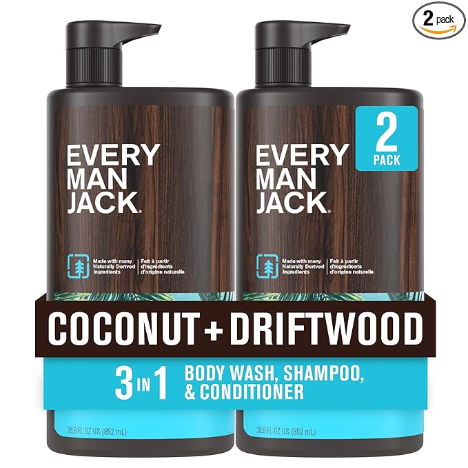 Every Man Jack Men’s 3-in-1 All Over Wash for All Skin and Hair Types - Cleanse and Nourish Skin, Hair with Naturally Derived Soy Proteins, Aloe - Coconut + Driftwood Scent - 28.8 fl. oz - 2 Pack
