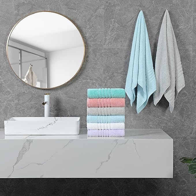Aibaser Towels 6 Pack Bath Towel for Bathroom, 100% Cotton (24 x 48 Inches) High Absorbency Quick Drying (Sky Blue)