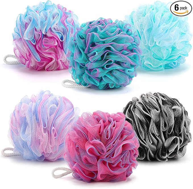 BTYMS XXL Large Loofah Bath Sponge 100g/pc, 6Pcs Exfoliating Mesh Pouf Bath Scrunchies Shower Puffs for Men and Women