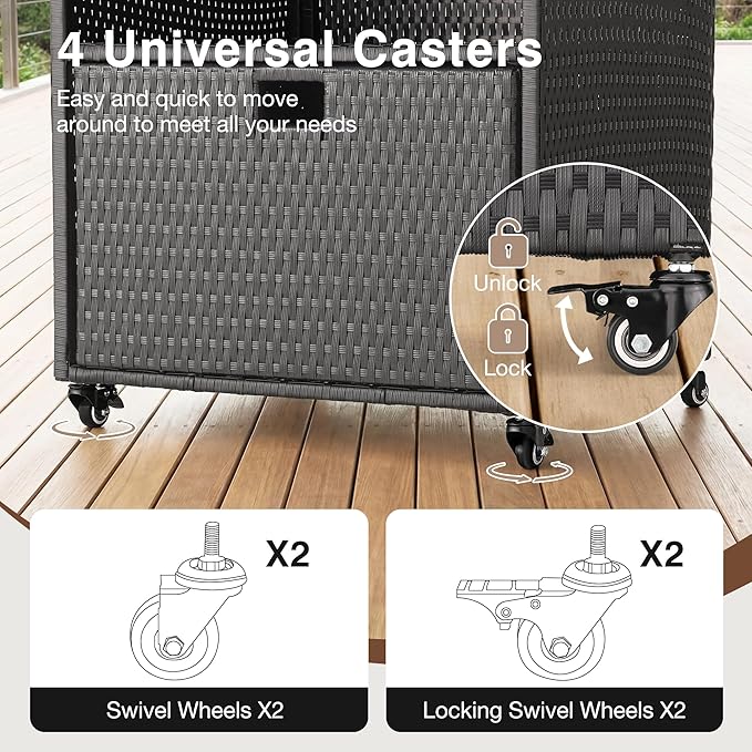 HOMREST Outdoor Pool Towel Rack with Storage Cabinet, Waterproof PE Rattan Wicker Poolside Towel Organizer with Shelves & Drawer, Rolling Wheels Towel Valet Caddy for Patio, Hot Tub, Spa,Black