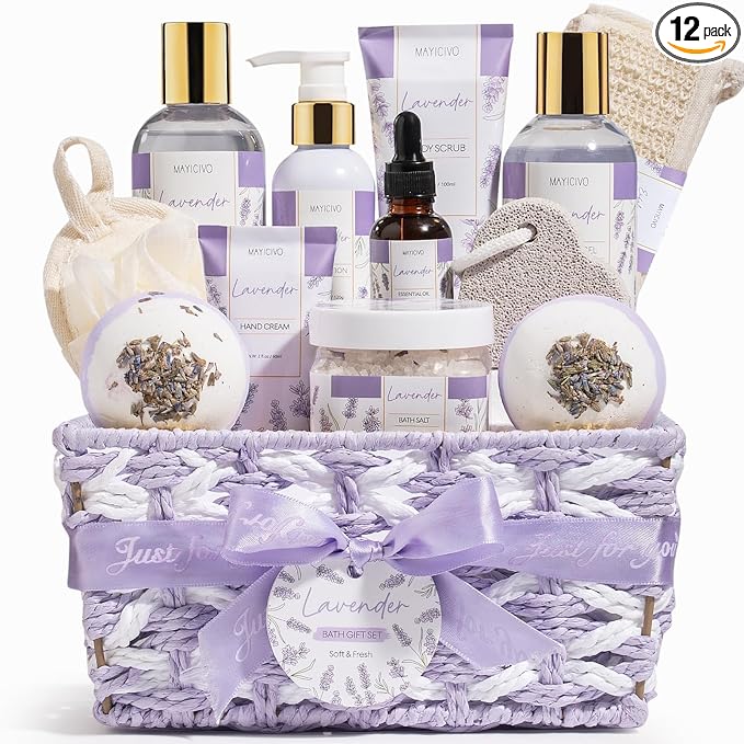 Mothers Day Birthday Gifts for Women, Lavender Relaxing Spa Gift Baskets for Women Self Care Package Bath Gift Set, Home Bath and Body Kit Pamper Gifts for Womens Her Mom Friends Wife Girlfriend Wife