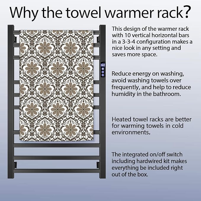 XBVV Black Towel Warmer Rack for Bathroom with Timer/Fahrenheit Display Electric Heated 10 Bars Drying Rail Plug-in or Hardwired Wall Mounted Heating Bath Towel Warming(Matte Black)