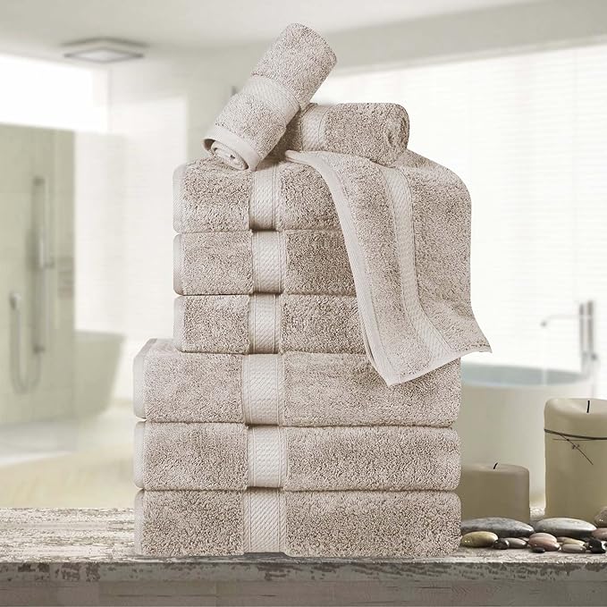 Superior Egyptian Cotton Pile 9 Piece Towel Set, Includes 3 Bath, 3 Hand, 3 Face Towels/Washcloths, Ultra Soft Luxury Towels, Thick Plush Essentials, Guest Bath, Spa, Hotel Bathroom, Stone