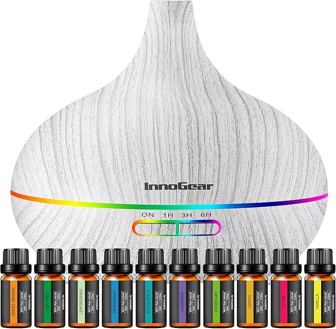 InnoGear Aromatherapy Diffuser & 10 Essential Oils Set, 400ml Diffuser Ultrasonic Diffuser Cool Mist Humidifier with 4 Timers 7 Colors Light Waterless Auto Off for Mother's Gift, White Grey