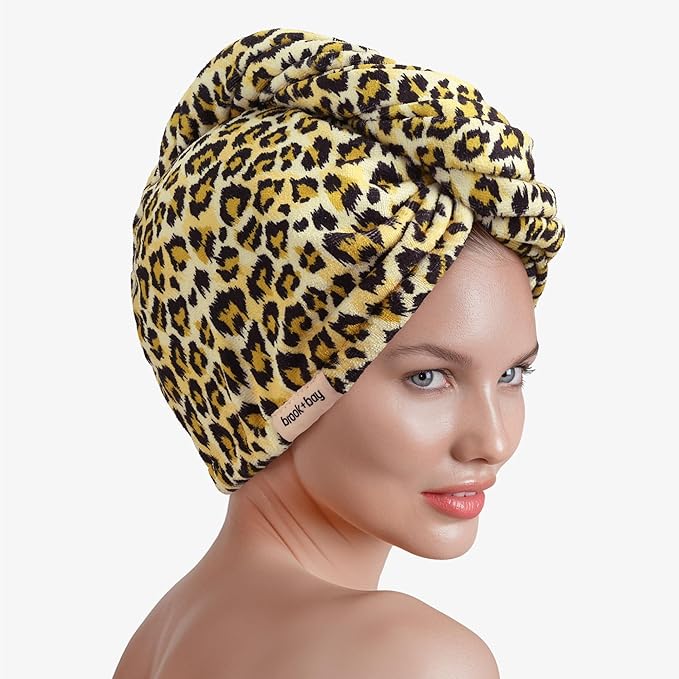 Brook + Bay Microfiber Hair Towel Wrap - Quick Dry Microfiber Towel for Hair - Anti-Frizz Plopping Turban - Machine Washable - Cheetah