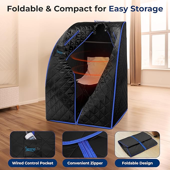 SereneLife Portable Sauna Box for Home, Infrared Sauna Tent with Heated Foot Pad and Folding Chair, Remote Control In-Home Spa, 38" x 32”