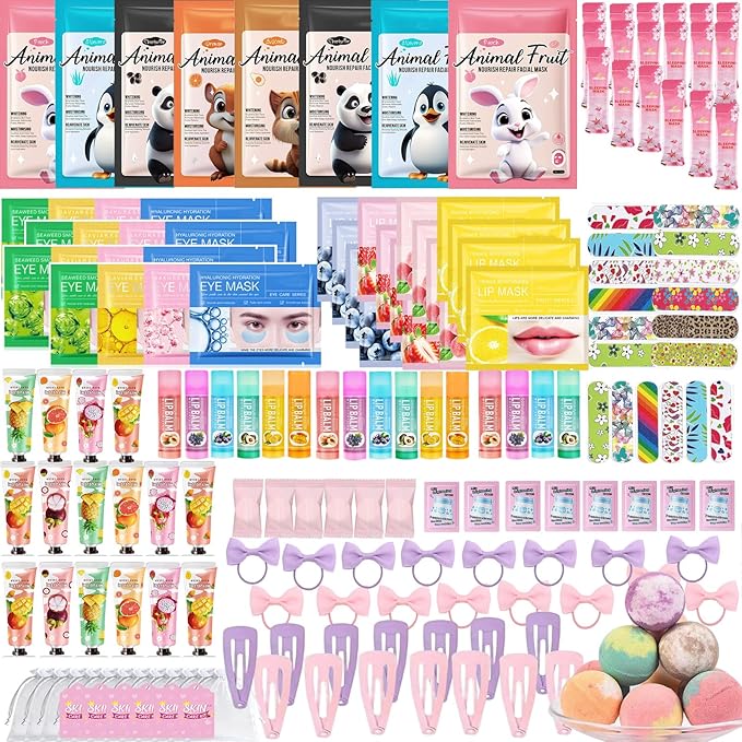 224PCS Spa Party Supplies for Girls, Spa Party Favors Include Face Masks,Hand Cream,Lip Mask,Foot Bath Bombs,Face Cream,Spa Birthday Sleepover Party Supplies Facial Skin Care Set