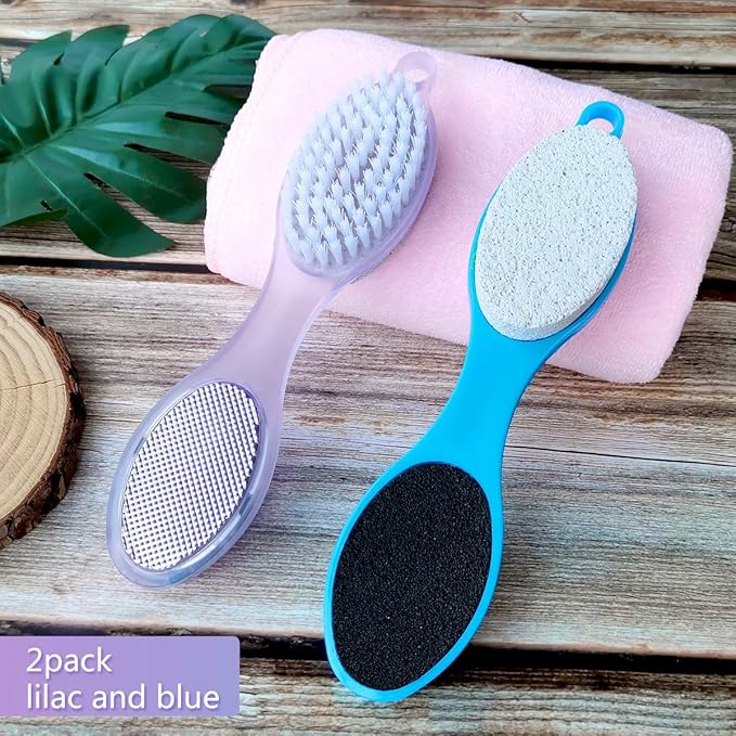 4-Pack 4 in 1 Pedicure Tool Callus Remover - Foot Scrubber with Pumice Stone, Cleaning Brush, Metal Rasp & Sandpaper for Dead Skin and Shower (Purple and Blue)