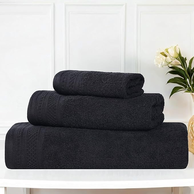 Superior Honeycomb Cotton Medium Weight Towels, for Guest Bath, Master Bathroom, Shower, Quick Dry, Adults, Home Essentials, Textured Waffle Border, Assorted Towel Set, 3 Piece Towel Set, Black