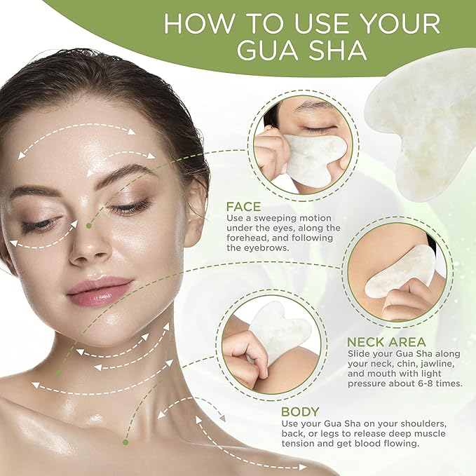 Jade Roller and Gua Sha Set - 100% Natural Jade Stone Face Roller, Dual Sided Massage Roller Stimulates Blood Flow, Relieves Stress, Reduces Signs of Aging, Travel Pouch Included, Gift Box