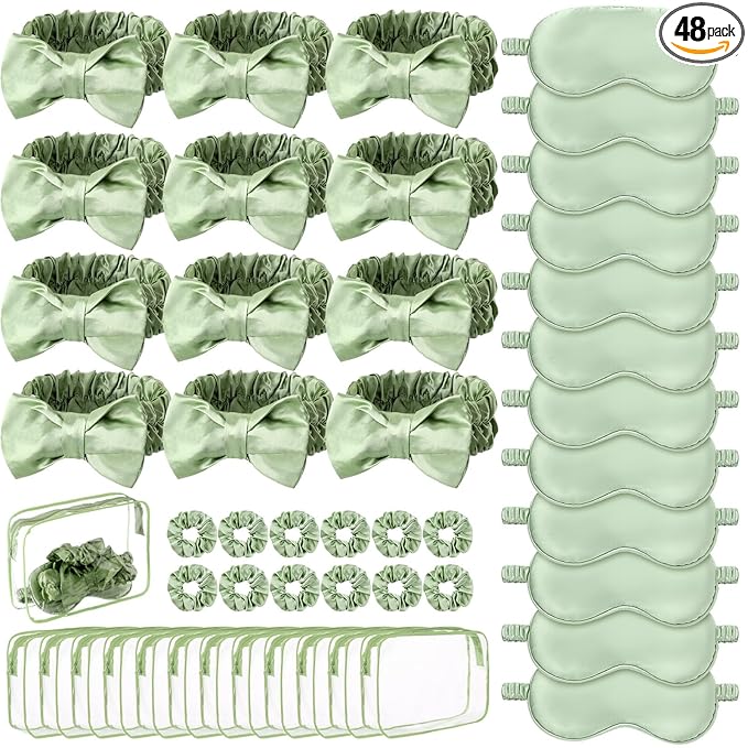 Kajaia 48 Pcs Sleepover Party Supplies for Girls Slumber Party Supplies for Women Spa Headband Favor Mask Scrunchies Bag(Sage,Mild)