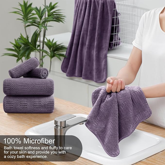 Ycosy 4 Pack Extra Large Microfiber Bath Towels Set,35x70 inches,600GSM,Less Lint Highly Absorbent Super Soft & Quick Dry,Oversized Bath Towels,Perfect for Bathroom Gym Pool,Dark Purple