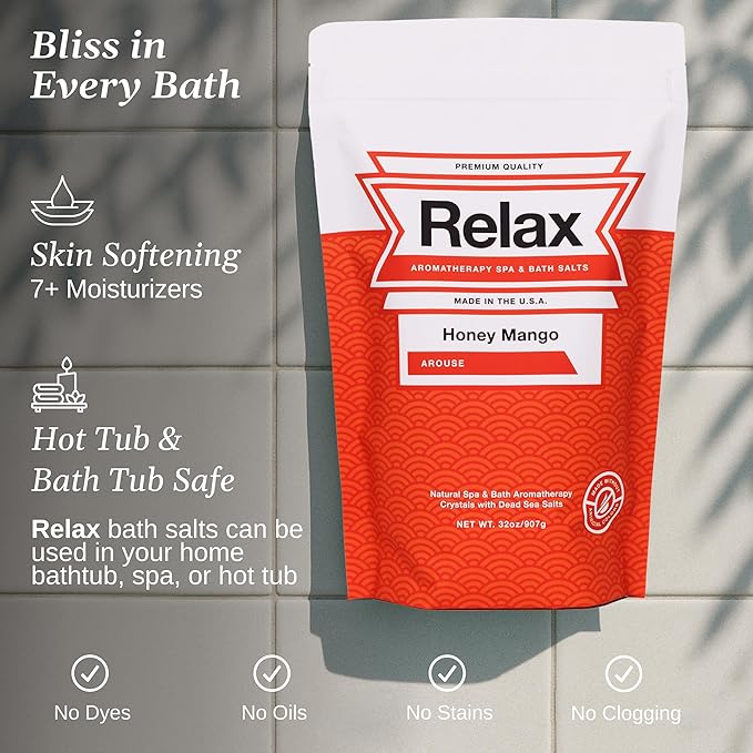 Relax Spa & Bath Aromatherapy Bath Salts for Hot Tub, Bath, or Spa, 2LB Bag Infused with Magnesium, Bath Salt for Soaking, Honey Mango Scent