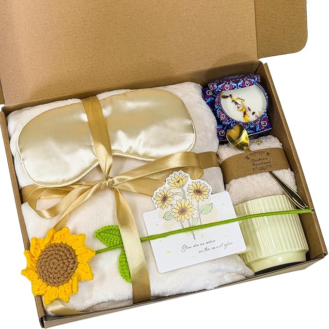 Gift Baskets for Women, Self Care Package, Birthday, Sunflower Get Well Soon, Thinking of You, for Mom Wife Sister Best Friend with Flannel Blanket Shawl