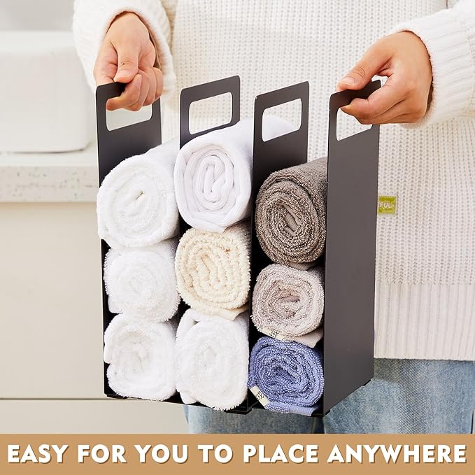 LEIFIDE Set of 2 Interlocking Towel Organizer Metal Bathroom Towel Storage Rack Shelf Dividers Organizers for Closet Home Space Saving (Black)