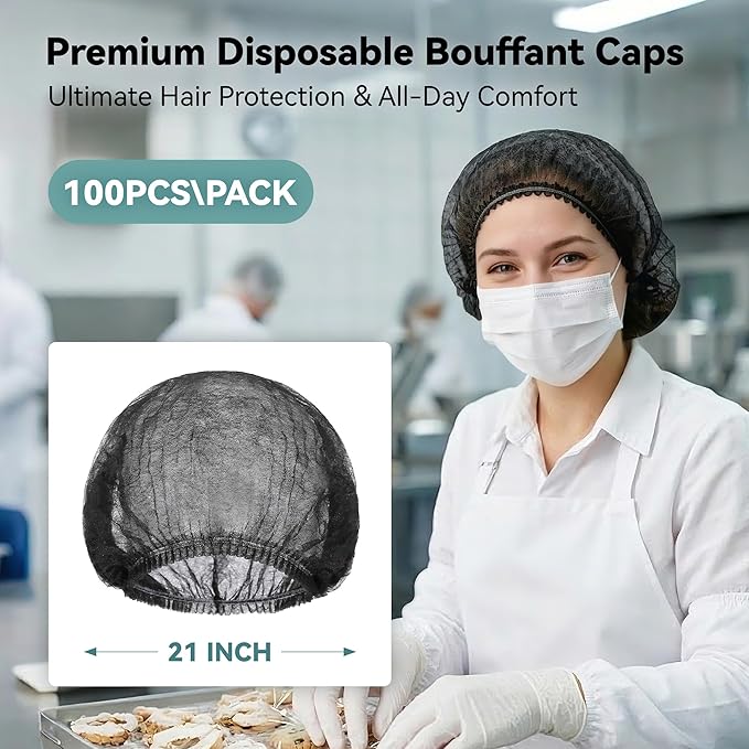 100Pcs Hair Nets for Women & Men -Hair Nets for Food Service Workers,Disposable Bouffant Caps for Women & Men, Elastic 21 Inch Non-Woven Head Covers for Kitchen, Cooking & SPA (Black)