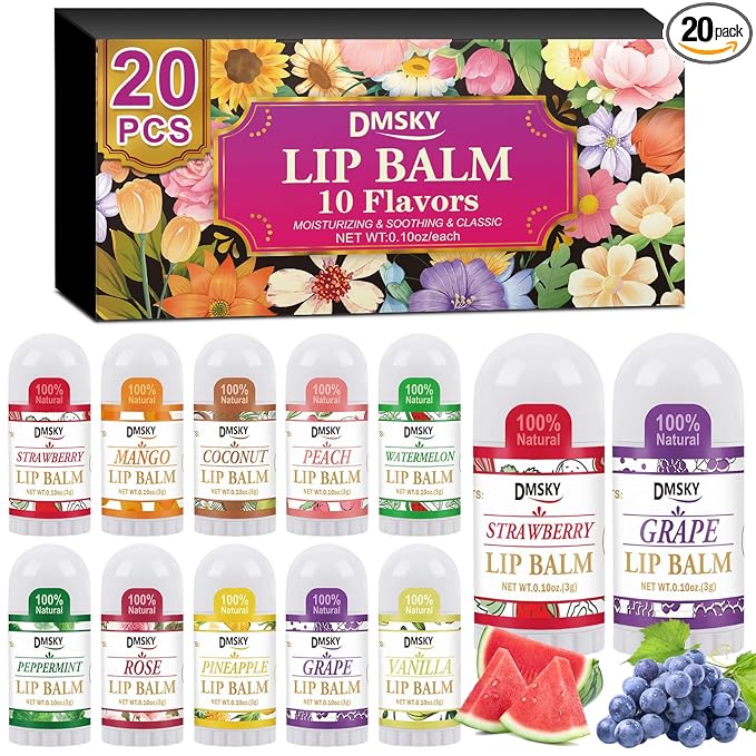 DMSKY Mini Lip Balm 20 Pack, Moisturizing with Vitamin E and Coconut Oil, Bulk Tiny Lip Balm for Party Favors, Care Packages & Goodie Bags