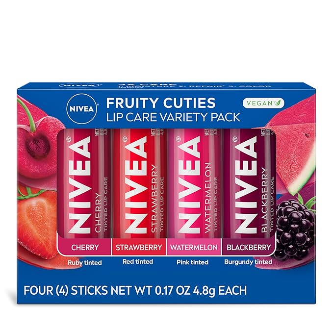 NIVEA Lip Care, Fruity Tinted Lip Balm Variety Pack, Cherry, Strawberry, Blackberry and Watermelon Flavors, 3-in-1 Moisture, Repair and Color, 0.17 Oz Stick, (Pack of 48)