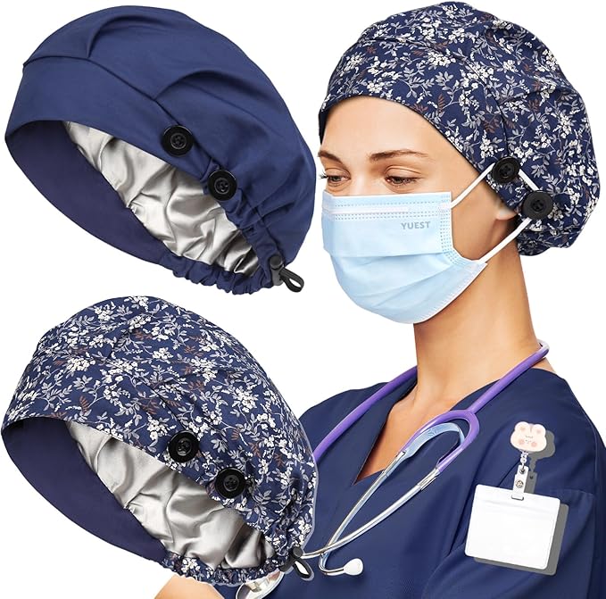 2 Pack Satin Lined Bouffant Scrub Caps with Buttons, Adjustable Scrub Caps for Women Men