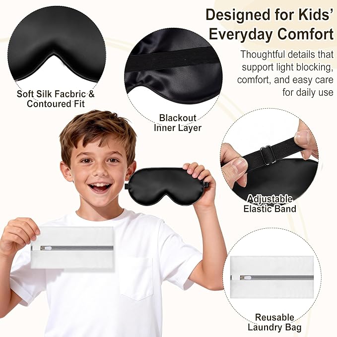 Kids Sleep Mask, Kids Eye Mask for Boys Girls, Kid Silk Eye Masks with Adjustable Strap for Sleeping, 100% Light-Blocking Sleep Eye Cover, Includes Protective Laundry Bag (Black)