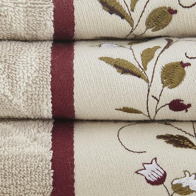 Madison Park Serene 100% Cotton Bath Towel Set Luxurious Floral Decorative Towels for Bathroom Embroidered Cotton Jacquard Design Soft Highly Absorbent for Shower 600 GSM, Multi-Sizes, Red 6 Piece