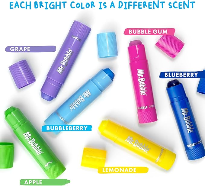 Mr. Bubble Bath Time Body Paints – 6-Color Washable Bath Paint Sticks with Gentle, Kid-Safe Formula – Fun Tub Time Art Set with Scented Colors & Carrying Case
