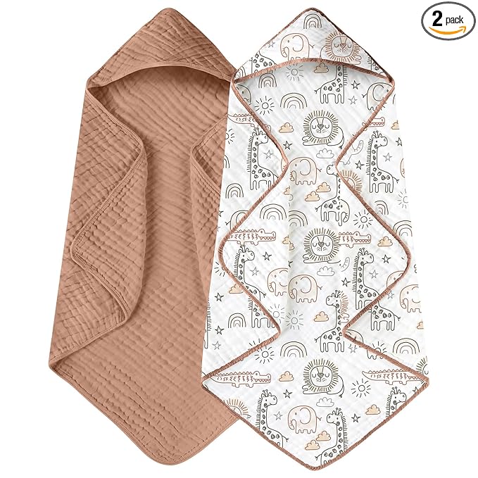 Yoofoss Hooded Baby Towels for Newborn 2 Pack 100% Muslin Organic Cotton Baby Bath Towel with Hood for Babies, Infant, Toddler and Kids, 32x32Inch, Soft and Absorbent Newborn Essential, Giraffe
