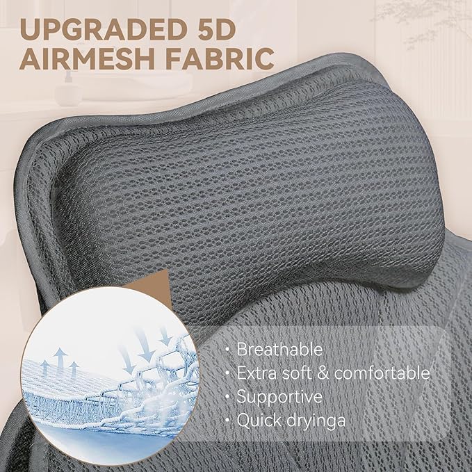 Bath Pillows for Tub - Luxury Bathtub Pillow Neck, Head, Back Support, Soft 5D Mesh Fabric and Non-Slip Suction Cups & Quick Dry, Comfort Fits All Tubs, Relaxation Spa Gift, Grey