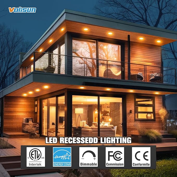 VOLISUN 12 Pack 4 Inch 5CCT Recessed Light with Night Light,Canless LED Recessed Lighting 4 inch,2700K-5000K Selectable,9.5W=80W,810LM Dimmable Recessed Ceiling Wafer Light,ETL Certificated